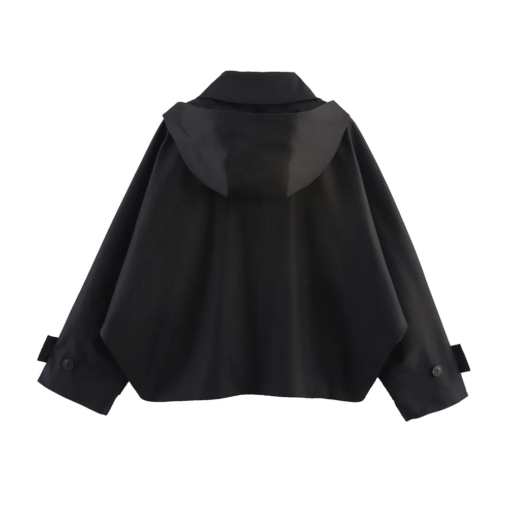 Podzimní nová evropský a americký styl s kapucí a dlouhým rukávem, klopová bunda s jednořadým trenčkotem a krátká bunda - náhled 5