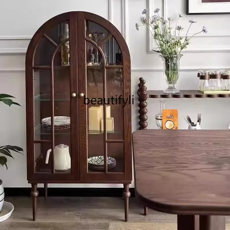 

French retro solid wood glass dining living room integrated against the wall, high-end arched wine cabinet