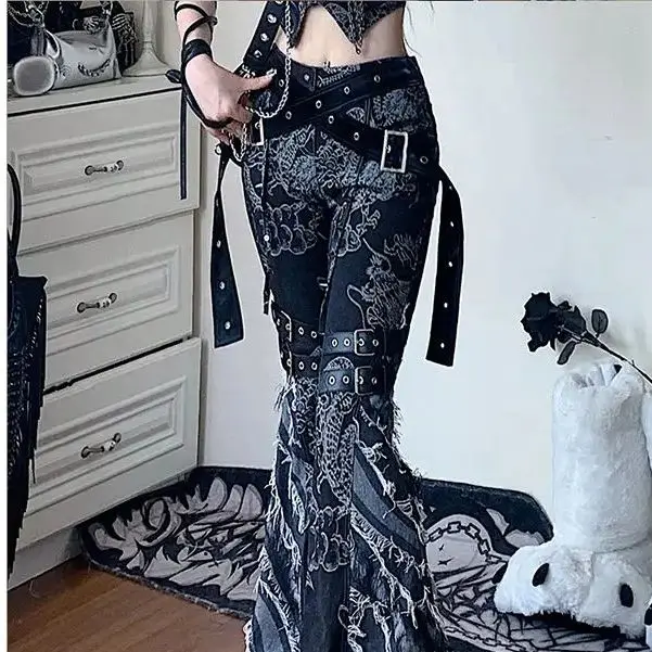 Punk Jeans Women Printed Micro-Flares Chic Personalized Low-Waisted Slimming Chic Floor-Length Pants