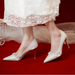 New Fashion Pointed Toe Satin Surface Women's Shoes Bridal Shoe For Wedding White High Heel Shoe For Women Party Heeled Shoes