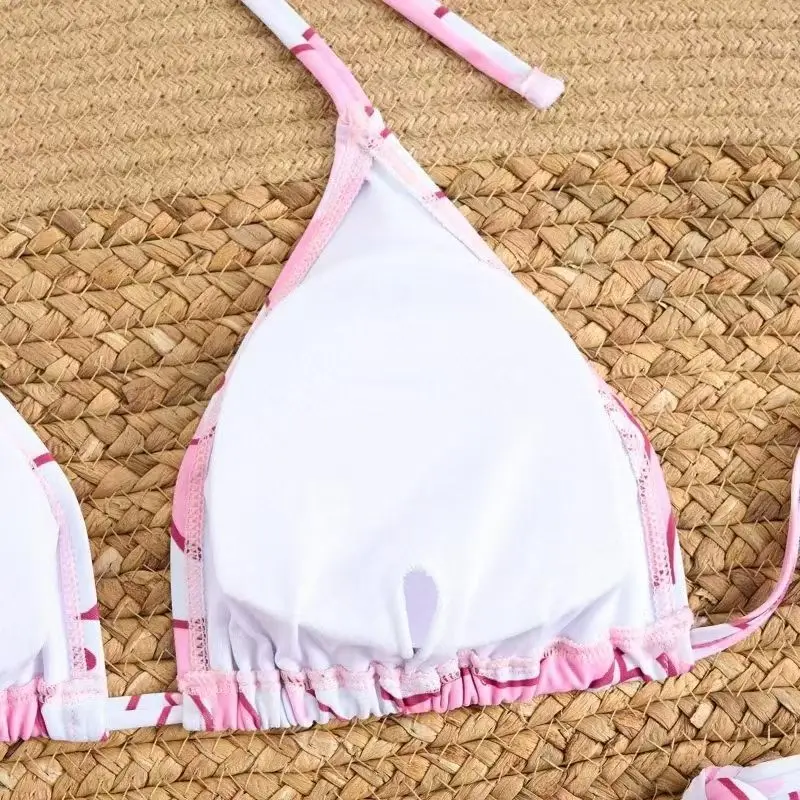 2Pcs Cartoon Cinnamoroll Print Bikini Set Women Pink White Halter Triangle Swimsuit Tie Side Two-Piece Bathing Suit Beachwear view 5