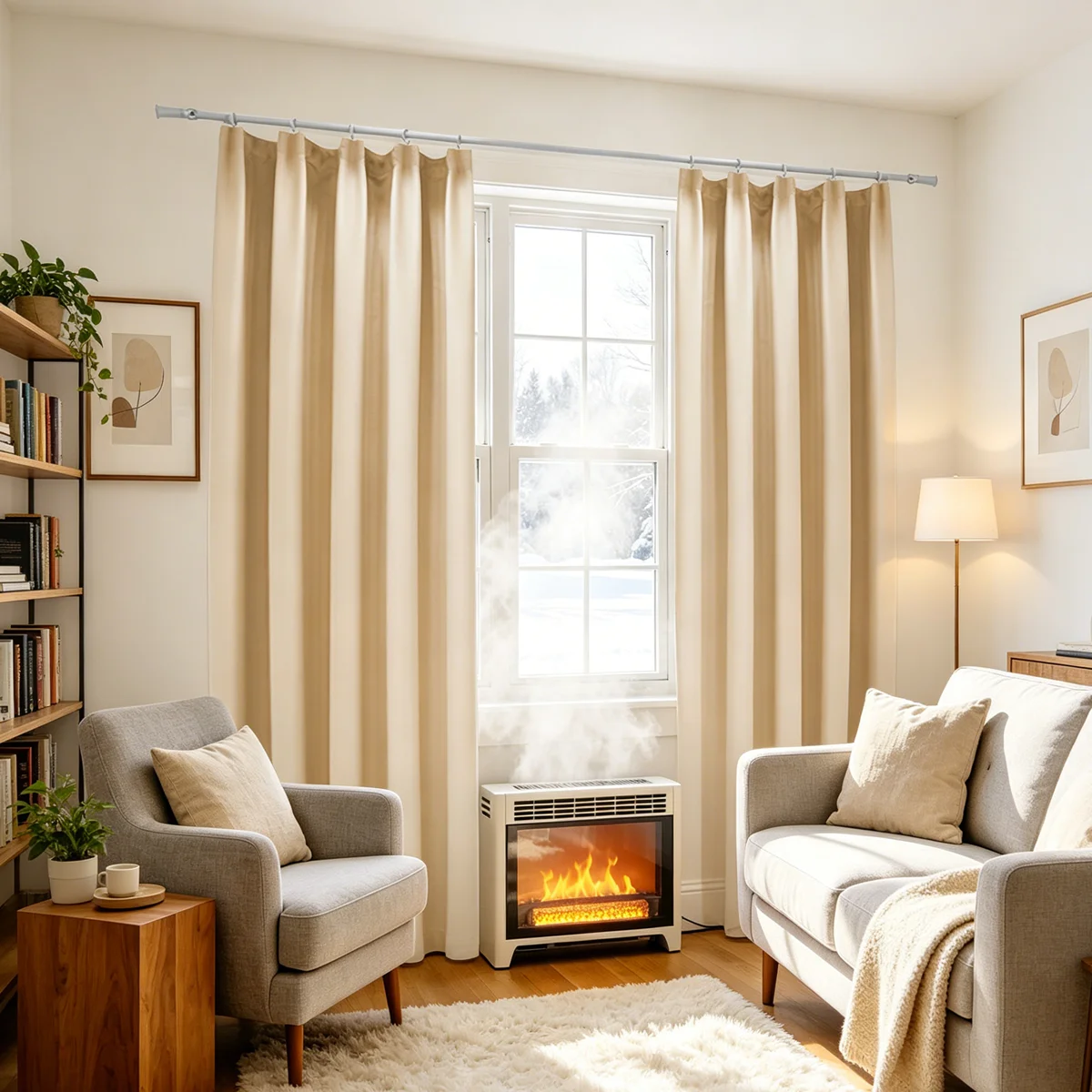 Winter Cold Blocking Thermal Blackout Curtains, Solid Beige Double Sided Textured Liner Windproof Noise Reduction Window Drapes