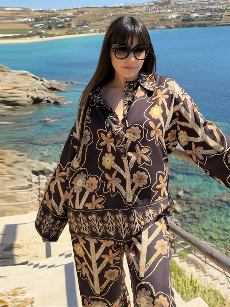 Bedruckte Oversize-Hemd- und Hosen-Sets für Damen: Streetwear mit Revers, Langarm, Einreiher, lockere Blusen-Tops und weite Hosen – Neues Outfit – Detail 17