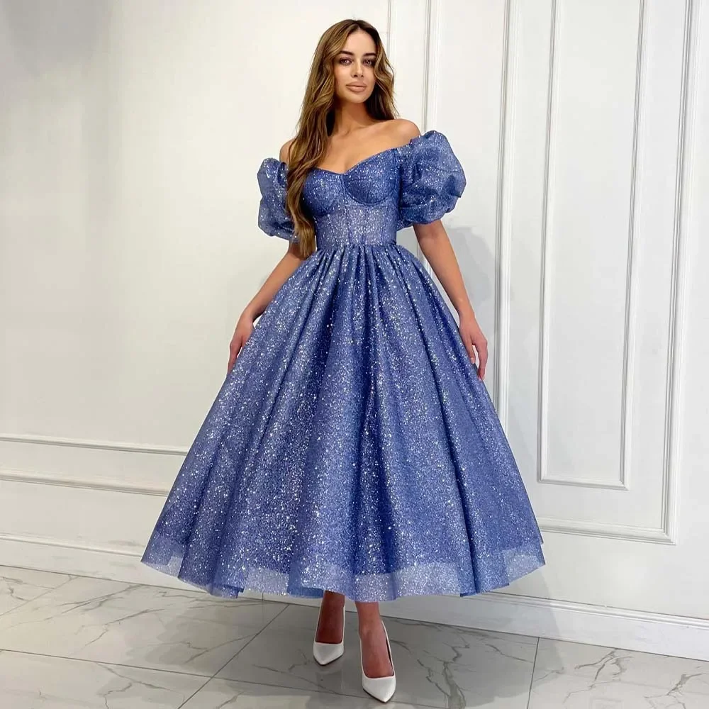 

Luxury Blue Short Sleeves Tea Length Evening Dresses Vestidos De Noche Formal Evening Gowns Glitter Sequined Prom Party Grown