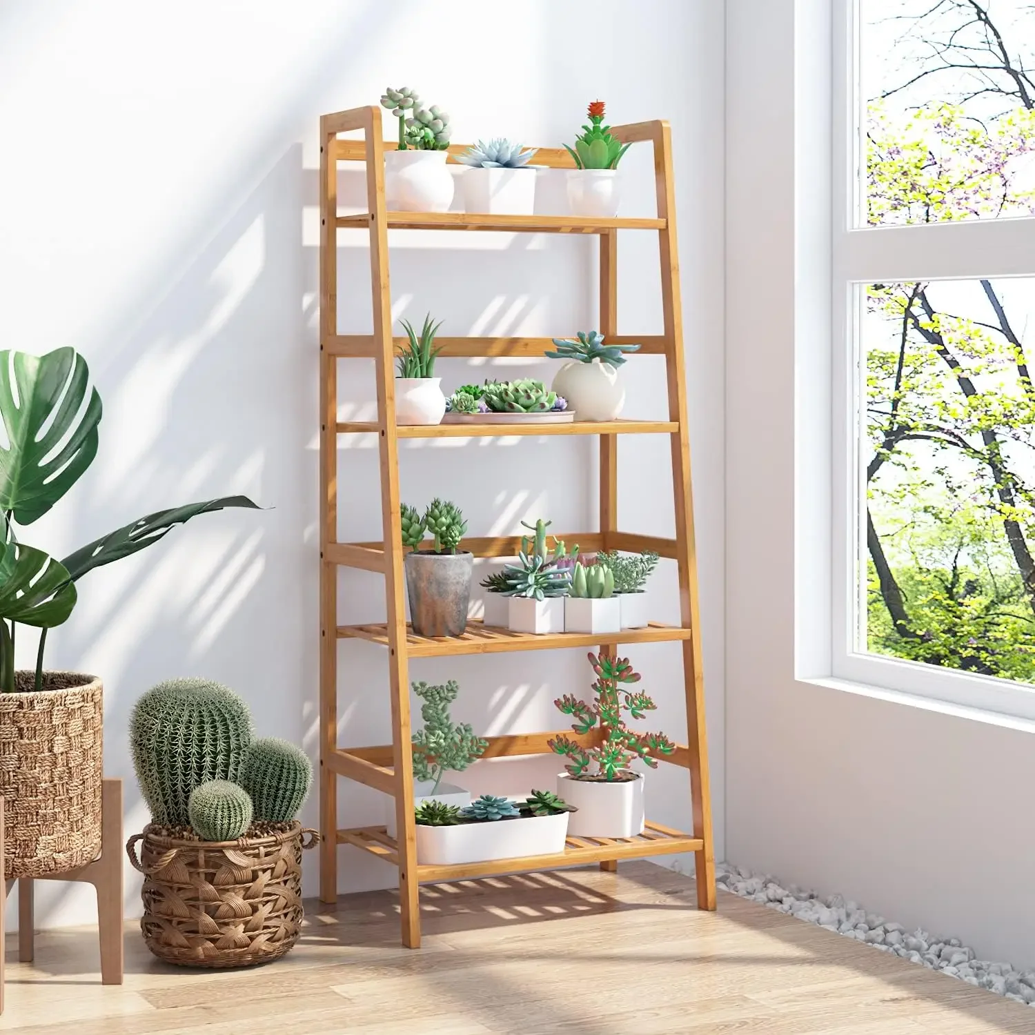 4-Tier, Bathroom Ladder Shelf Plant Flower Stand Rack Display Storage Organizer Shelves, Natural ZZSC