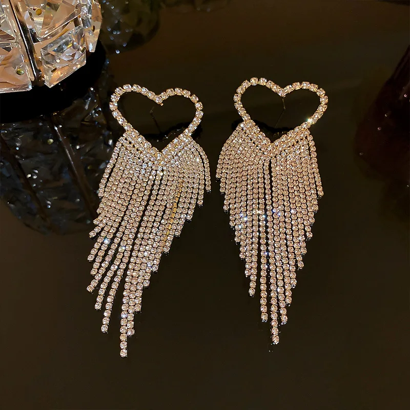 Fashion Long Tassel Rhinestone Drop Earrings for Women Black Heart Crystal Dangle Earring Statement Jewelry