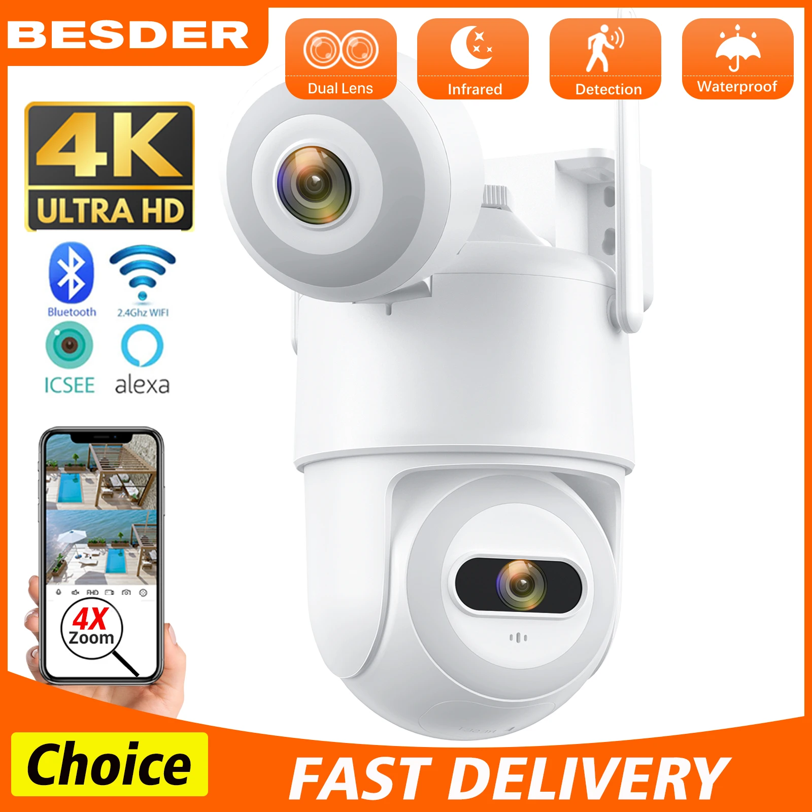 

4K 8MP HD Wifi PTZ Camera Outdoor 4MP Dual Lens Dual Screen AI Auto Tracking IP Camera CCTV Audio Video Surveillance P2P iCSee