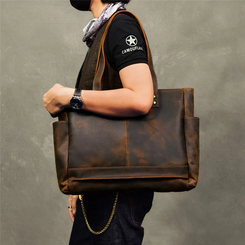 

Luxury crazy horse cowhide men's handbag simple vintage tote bag fashion natural genuine leather large capacity shoulder bag