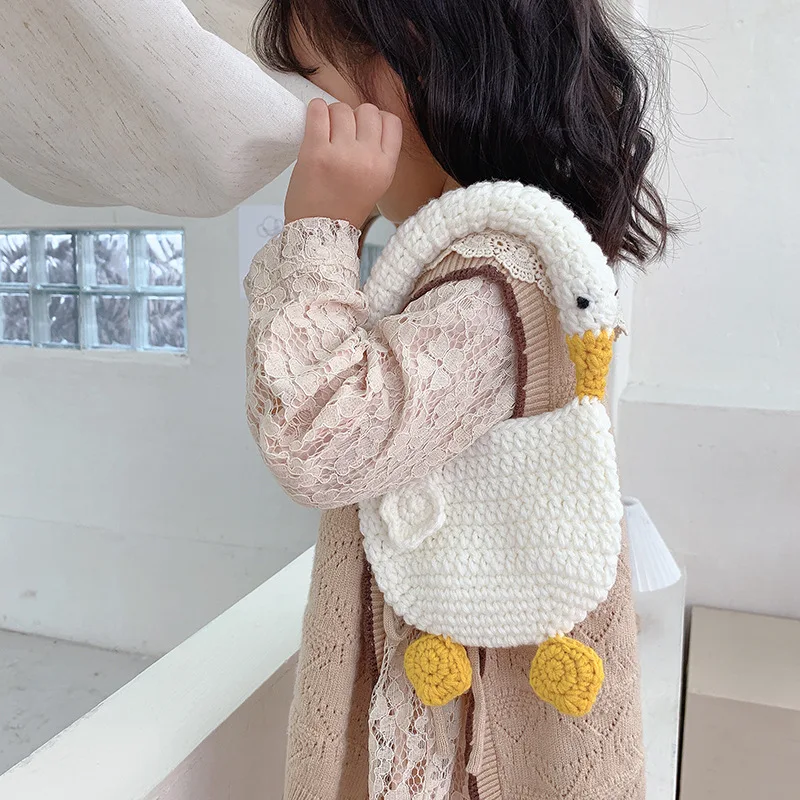 2-10Y Kids Knit Swan Shape Mini Bags Cute Yankee Baby Girl Princess Knitting Goose Tote Small Shoulder Bag Children's Handbags