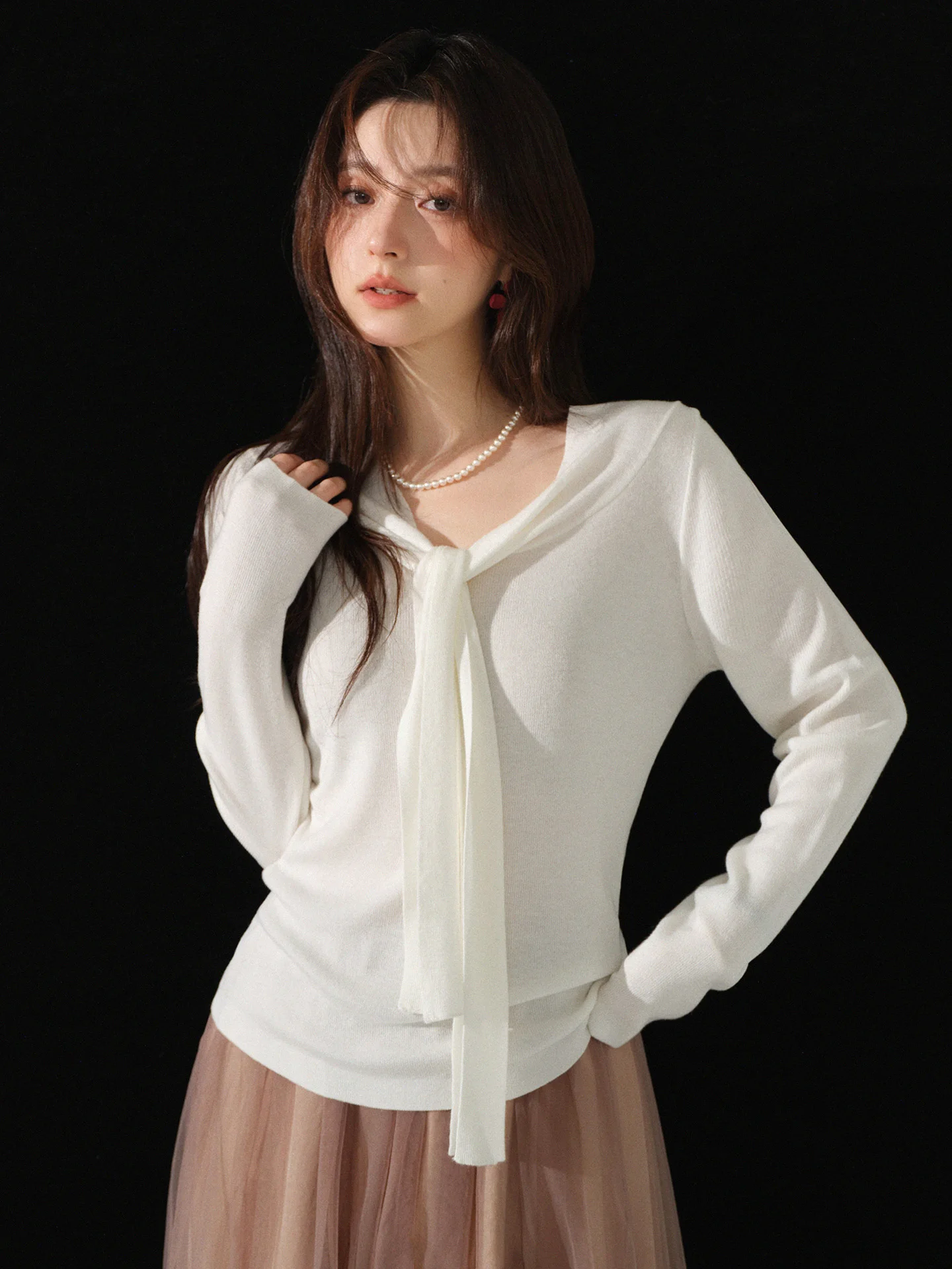 Элегантный вязаный топ для женщин, осенний пуловер с v-образным вырезом и галстуком, свитер с длинными рукавами, шикарный повседневный наряд, модная одежда из внутреннего слоя