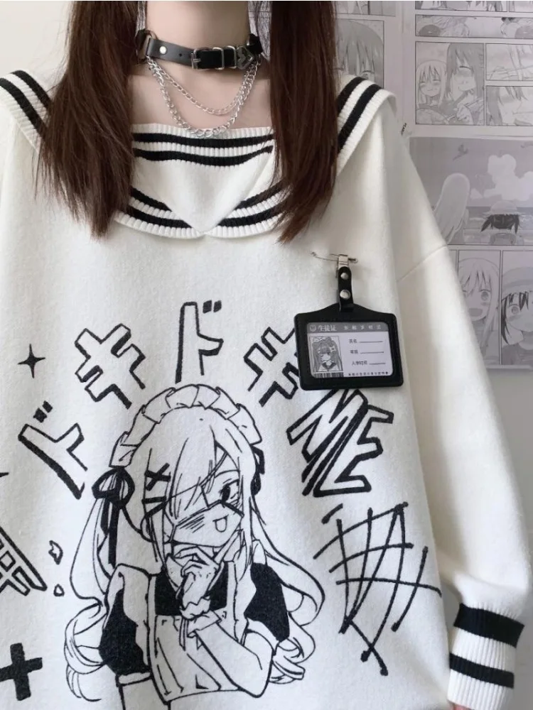 Słodki nadruk kreskówkowy Biały sweter Anime Pullover Knit Y2k Odzież Harajuku Gothic Tops Luźny kołnierzyk Dzianina damska