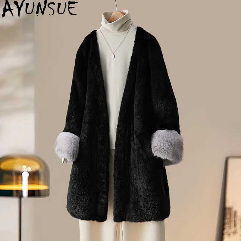 AYUNSUE Cappotto di Pelliccia di Visone Naturale Vestiti Delle Donne Cappotti di Pelliccia Reale Donna 2025 Tutta La Giacca Invernale di Visone Шуба Ж Dönishi Polsino di Pelliccia di Volpe