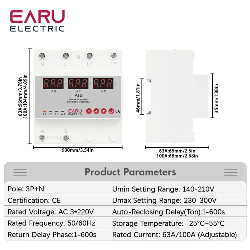 ATS Automatic Transfer Switch 100A 63A Over Current Limiter Adjustable Over And Under Voltage Time Lag Protection Uninterrupted