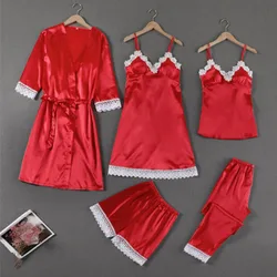 5 Piece Set Pajamas With Chest Cushion Women Autumn Summer Pajamas Ice Silk Sexy Lingеrie Set Pijama Skirt Sleepwear Clothes New