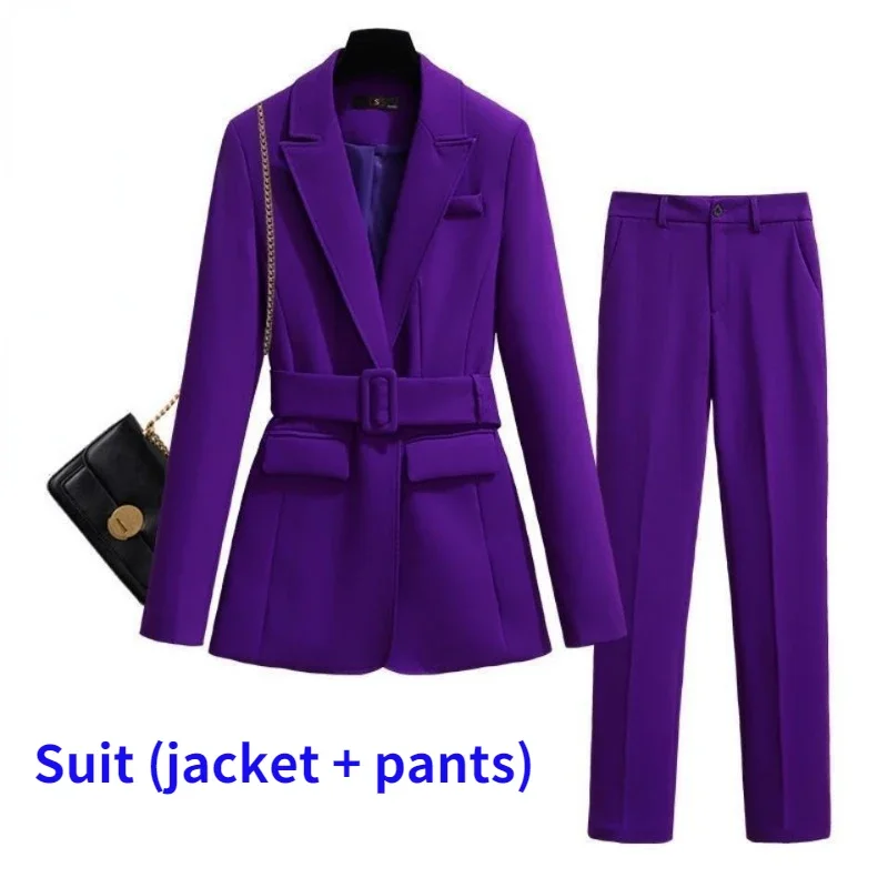 Purple Long Women Blazer and Pants 2 Pcs Set Two Piece Suit with Waist Belt Autumn 2024 Office Black Coat Sashes Business S-4XL