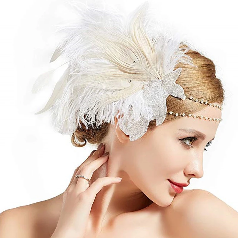 Women Vintage Feather Headband White Rhinestone Pearls Hair Band 1920s Gatsby Accessories Elegant Forehead Decorations 2022