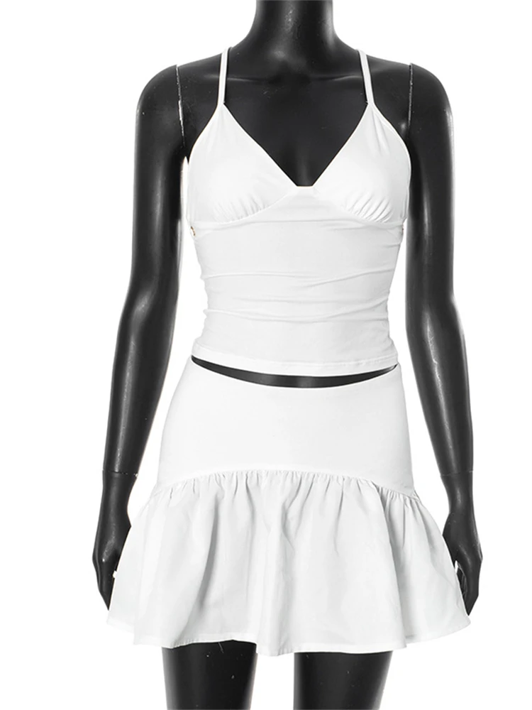 تنورة صغيرة بدلة بيضاء المرأة الخامس الرقبة تانك القمم عارية الذراعين جلد مطوي لوتس ليف سليم تنورة قصيرة مجموعة ملابس الشارع الشهير #6