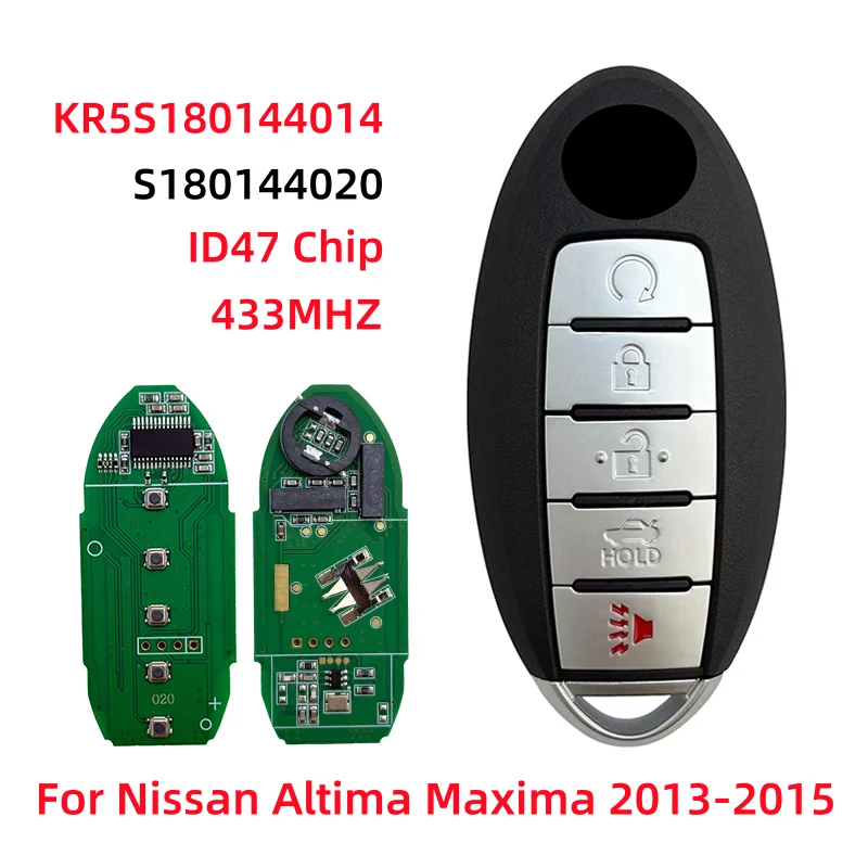 

5 BT Smart Remote Key For Nissan Altima Maxima 2013-2015 433MHz ID47 Chip S180144020 KR5S180144014 Keyless Entry Fob Replacement
