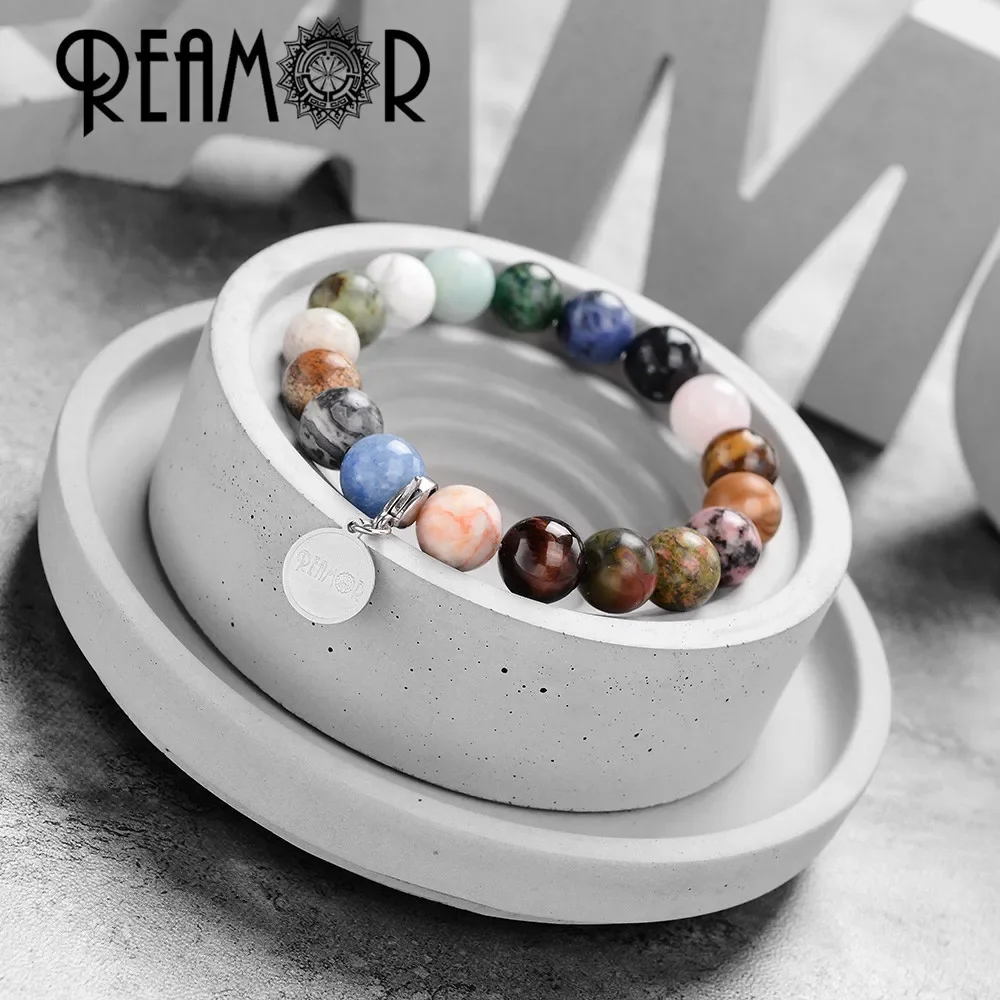 REAMOR Universe Galaxy Solar System Natural Stone Bracelets Star Eight Planets Elastic Beaded Charm Bracelet Men Women Jewelry