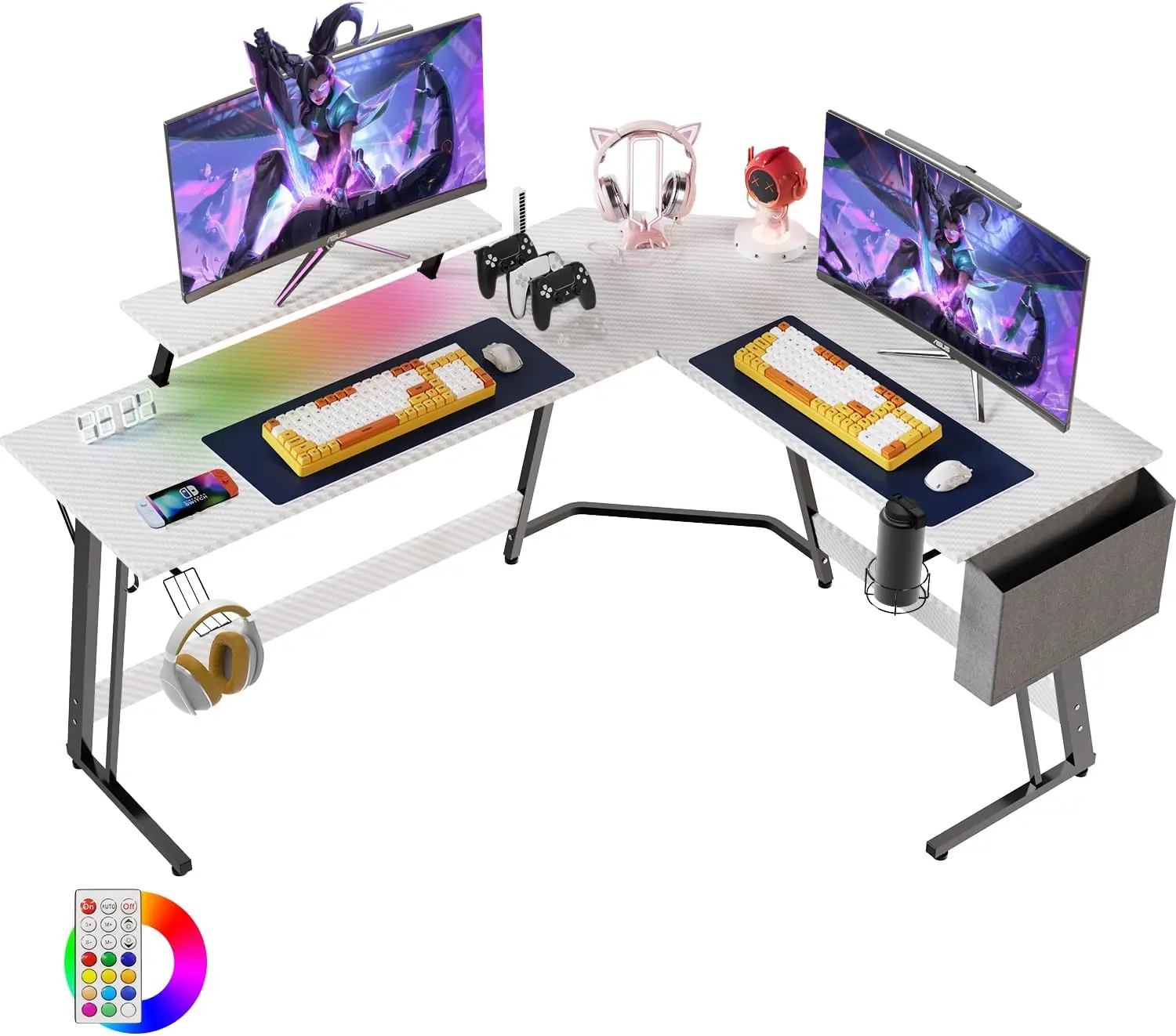 LED 160×130cm, Monitor z możliwością przesuwania, Uchwyt na kubek i haczyk na słuchawki, Łatwy w montażu, Stół do gier, Karbonowy Biały