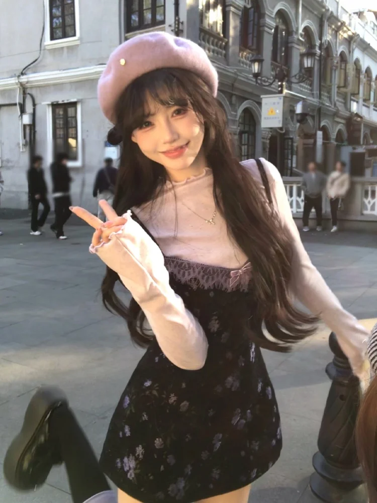 

Комплект SYJ: Удобное платье с кружевными вставками и цветочным принтом и базовая блузка для женщин больших размеров, корейский стиль, с завышенной талией, А-силуэт