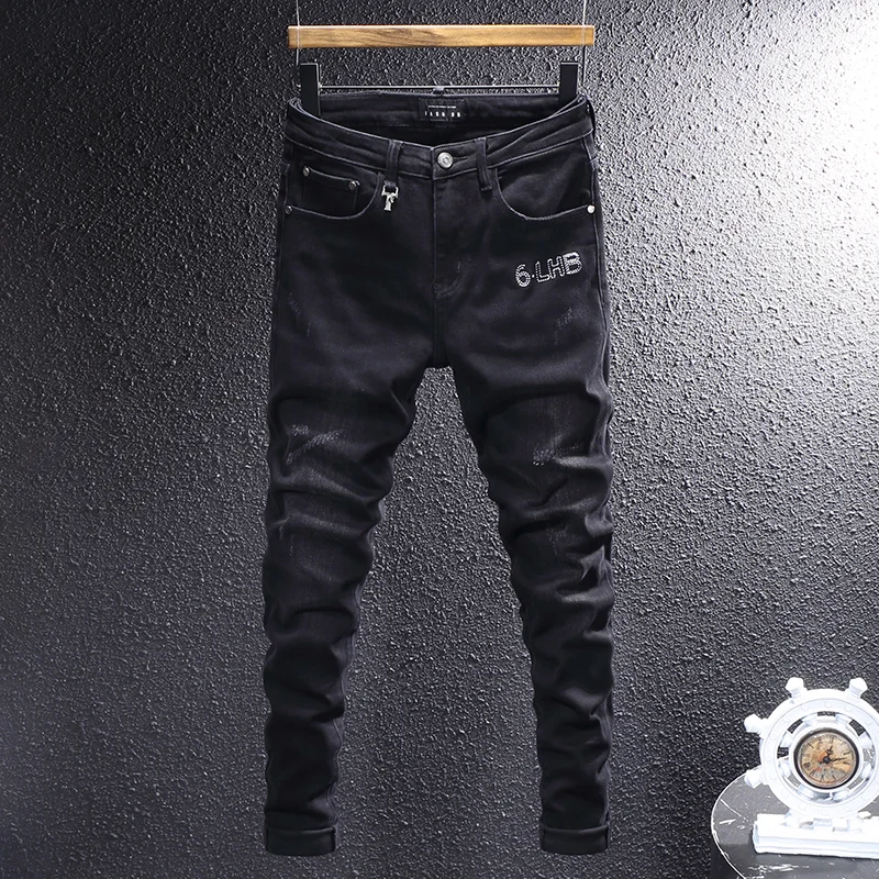 Men Black Jeans Italian Designer Letter Print Distressed Scratch Stretch Slim Skinny Hip‑Hop Denim Jeans hombre