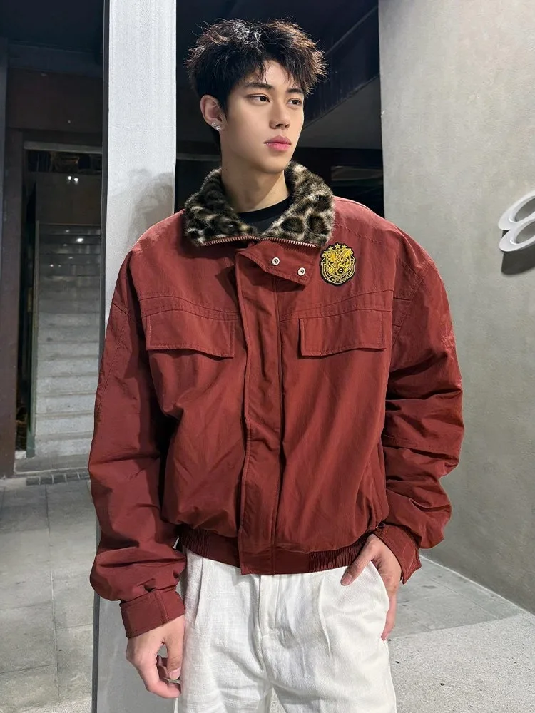 

Мужская зимняя утепленная куртка-бомбер из хлопка с воротником из искусственного меха с леопардовым принтом, на молнии, в американском стиле