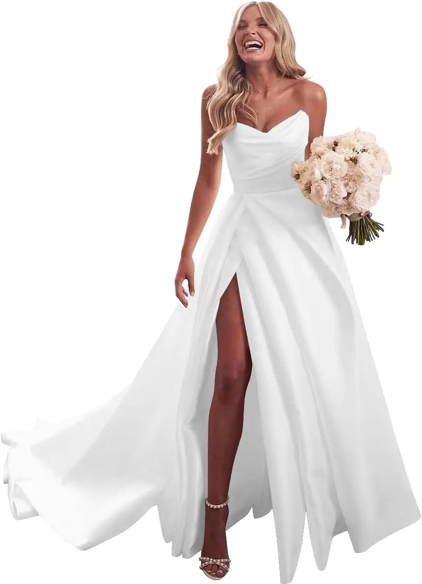 Abito da ballo in raso bianco senza spalline Abito da ballo formale con pieghe lunghe con spacco e tasche per abito da sera da donna