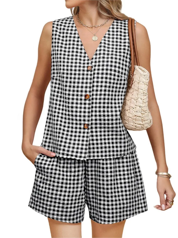 

Summer Casual Commuter Women's Shorts Suits Fashionable Checked Printed V-neck Sleeveless Single-breasted Top+loose Shorts Suit