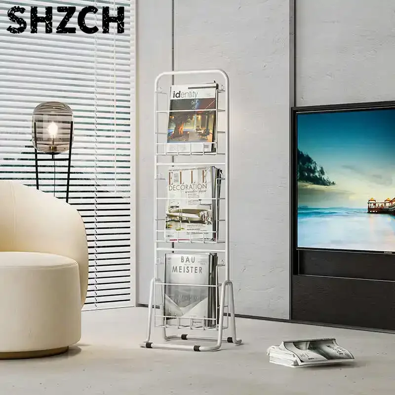 Minimalism Floor Magazine Display Rack Movable Bookshelf Compact Storage Shelf for Modern Homes Iron Multilayer Newspaper Rack