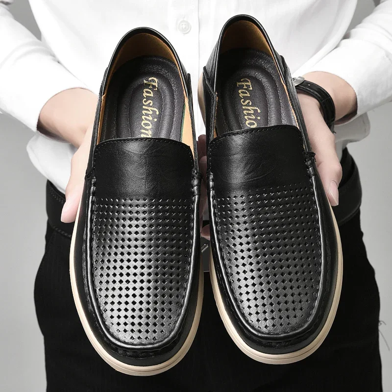 Genuine Leather Men Casual Business Shoes Fashion Men Loafers Breathable Walking Shoes Lightweight Slip-on Driving Footwear