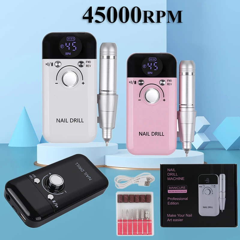 New 45000RPM Professional Electric Nail Drill Machine Rechargeable Nail Polishing File Low Noise Polisher Manicure Accessories