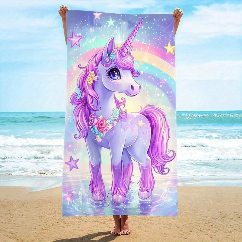 Cute Purple Unicorn Rainbow Star Beach Towel Microfiber Quick Dry Kids Swimming Pool Bath Towel