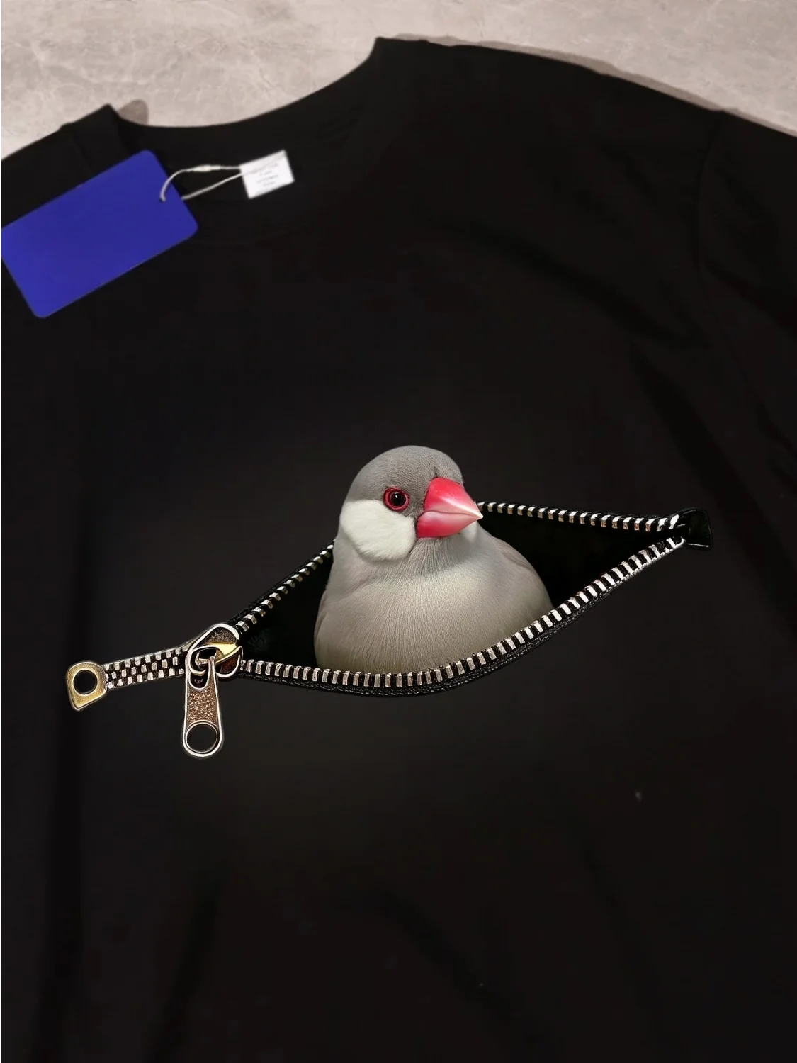 Cotton round Neck Short Sleeve T-Shirt with Zipper Silver Bird Print Loose Fit Unisex Summer Casual Wear Breathable Youth Fas...
