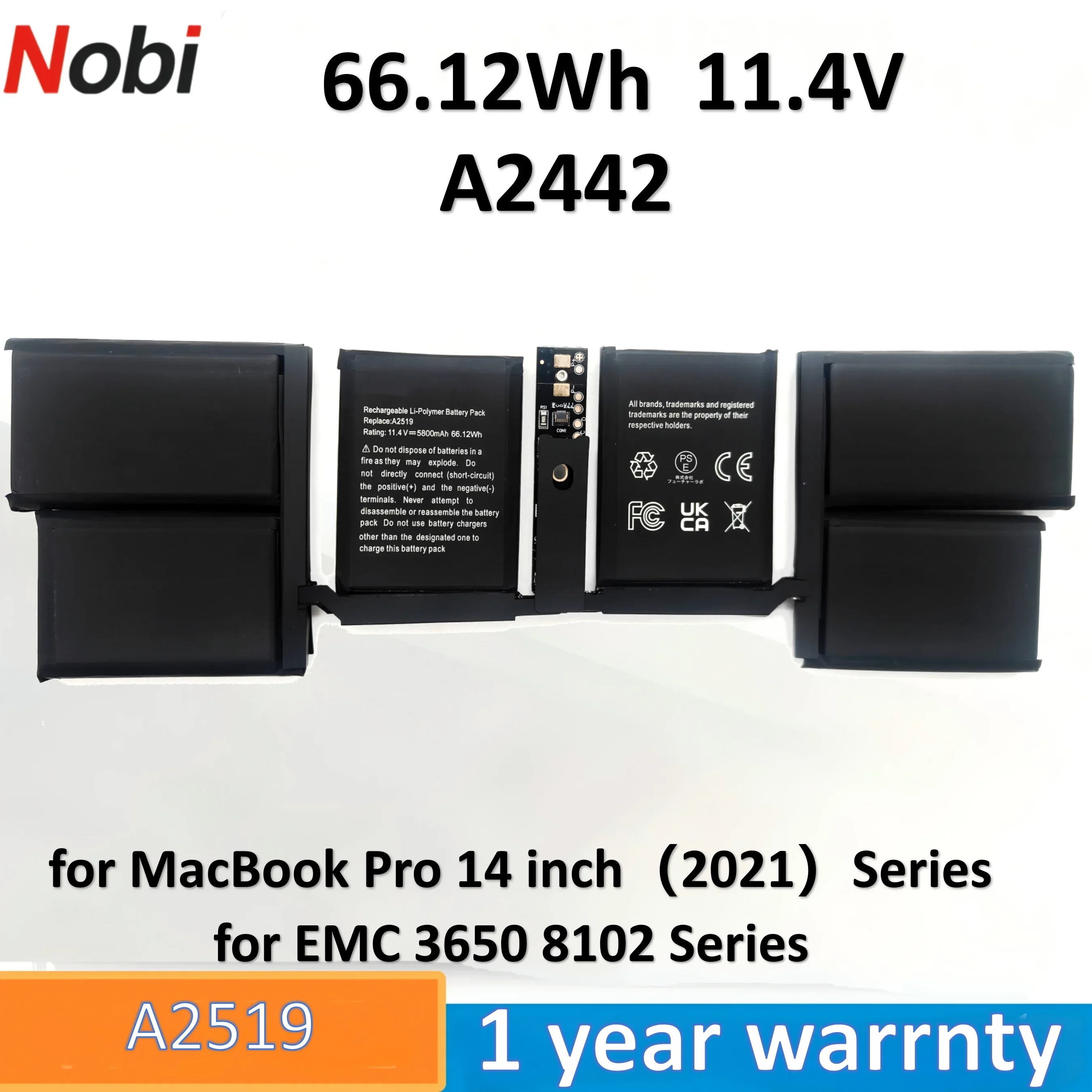 

Nobi A2519 Laptop Battery compatiable with for MacBook Pro 14 inch（2021），EMC 3650 8102 Compatible Part Number A2519 A2442