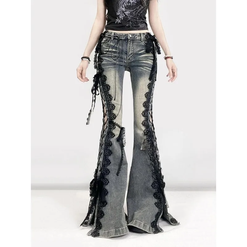 

Eyelets Lace Up Flare Jeans Retro Stitch Lace Whiskers Slim Low Rise Split Bootcut Pants Women Bell Bottoms Streetwear Y2k Jeans