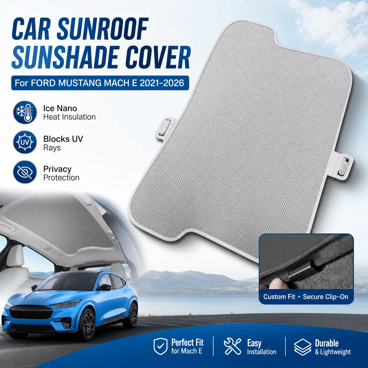Car Sunroof Sunshade Cover For FORD MUSTANG MACH E 2021-2026 Colorful Ice Nano Heat Insulation Skylight Anti-UV Auto Accessories