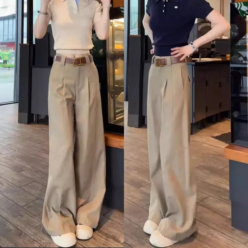 2025 outono novo high-end casual com cinto calças de perna larga mulheres cintura alta e sensação caída calças de perna reta