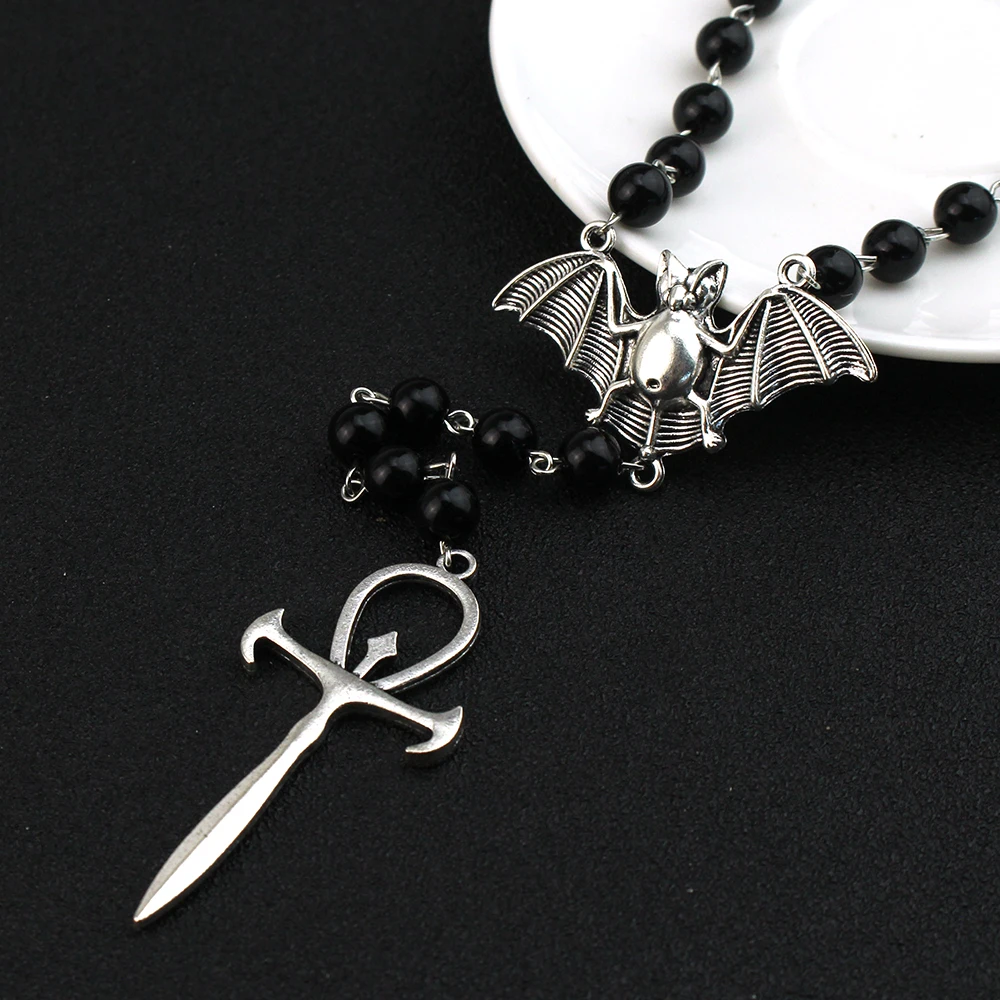 Gothic Vampire Ankh Rosary Occult Vamp Bead Necklace Punk Bat Cross Pendant Necklace Handmade Beaded Egyptian Jewelry