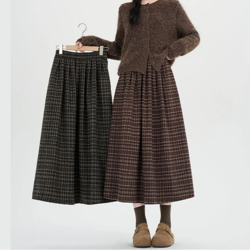 

Qiukichonson Midi Skirts Women Woolen Skirt 2026 Vintage Autumn Winter High Waist A-Line Thicked Plaid Skirt Maxi rok