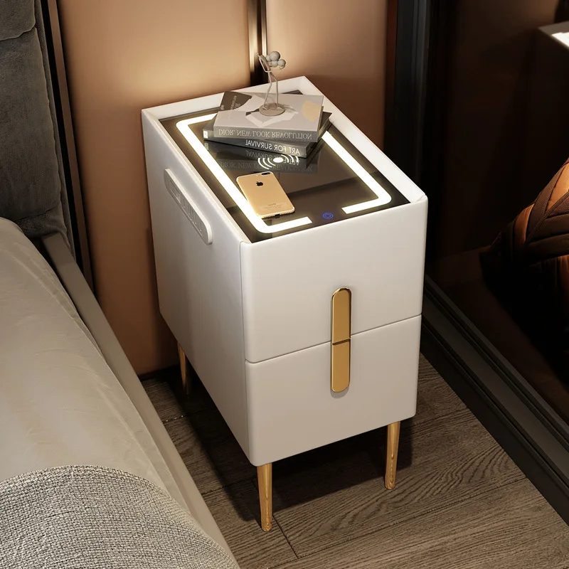 Modern Simple Leather Bedside Table with Smart Charging Function Solid Wood Storage Cabinet Luxury Nightstand for Bedroom