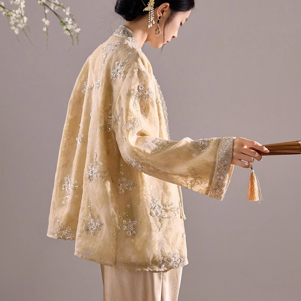Womens Chinese Style Qipao Tops Beads Sequined Embroidery Hanfu Cardigan Vintage V-neck Coat Elegant Spring Summer New Outerwear