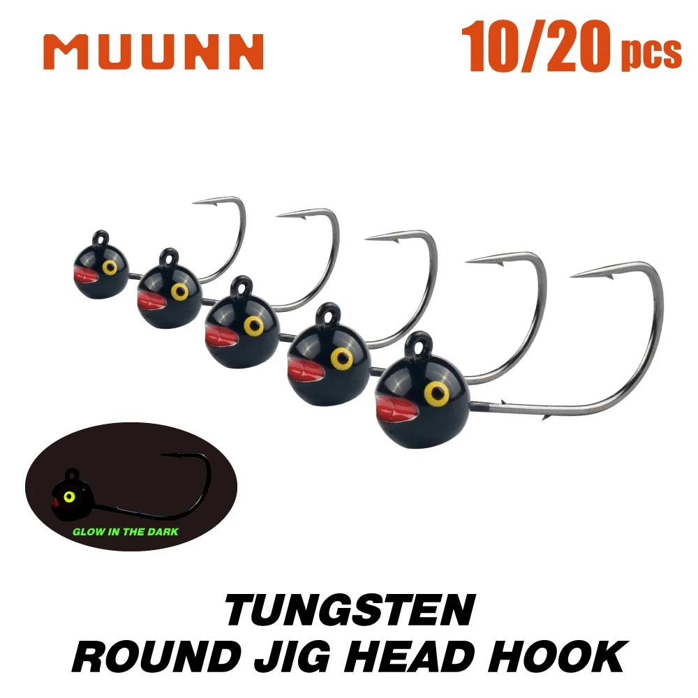 

MUUNN Tungsten Jig Head Hook UV Glow Eyes 10/20pcs 1g-3g Shaky Rig Bass Crappie BoatFish Rockfish Soft Lure Barbed Ajing Hooks