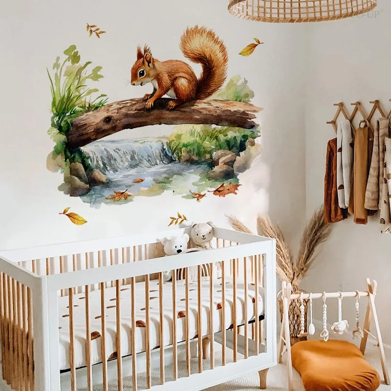 Creative Hand-Painted Animal Squirrel River Wall Decals Beautify Your Living Room Bedroom Self-Adhesive Squirrel Wall Sticker