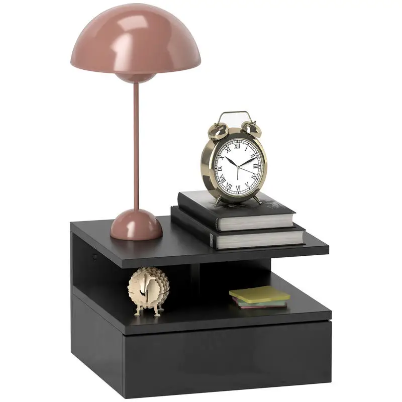 Table de chevet suspendue pour chambre à coucher avec tiroir et étagère ouverte en bois, 35x32x22,5 cm, noir brillant