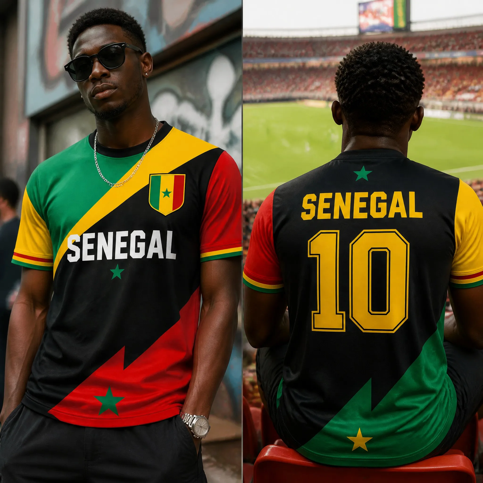 Senegal Mens Colorblock Number Ten Graphic Tee Black Short Sleeve Fan Shirt Street Casual Stadium Style Top Game Ready Cool Look