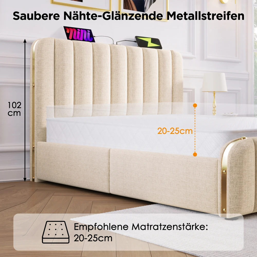 PINGGO Gepolstertes Doppelbett 180x200cm Beige Leinen-Kopfteil Goldene Dekorative Streifen USB Typ-C-Ladefunktion 4 Schubladen Ohne Matratze – Detail 2