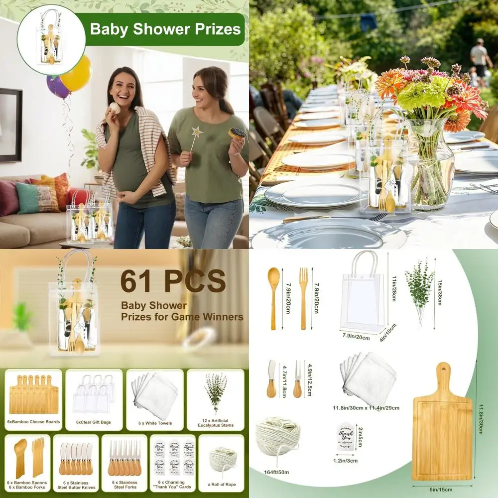 

61-Piece Baby Shower Game Prizes: Bamboo Cheese Sets with Serving Tools, Towels, Cards & Gift Bags - Perfect for Bridal Shower F