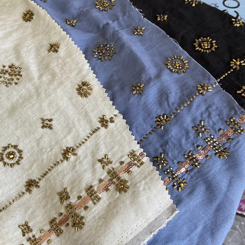 

Adhesive linen beaded embroidery fabric, Bohemian ethnic style embroidered linen material, for clothing and DIY sewing fabric