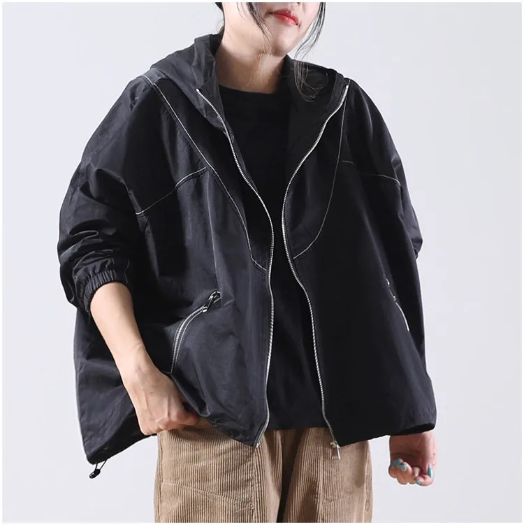 Korean Fashion Loose Zipper Pocket Hooded Short Jacket Women\'s 2023 New Autumn Oversized Long-sleeved Trench Coat Top